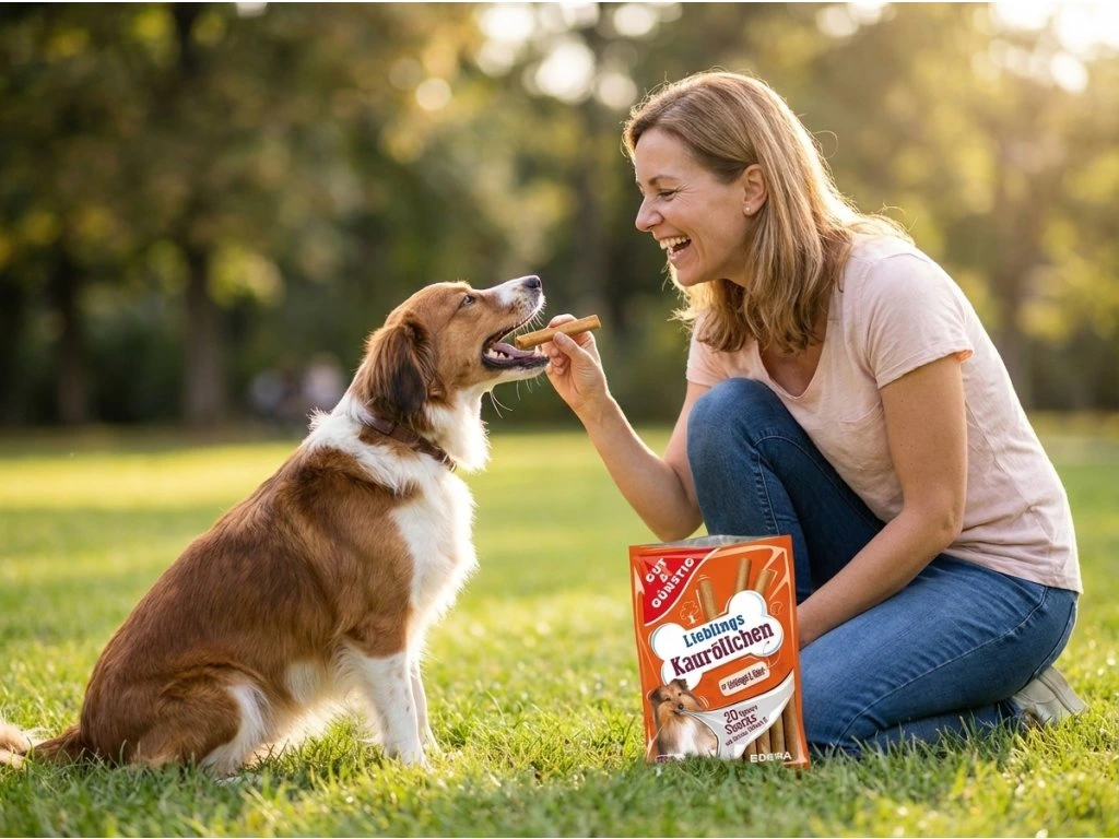 Žena krmí psa G&G žvýkací tyčinkou