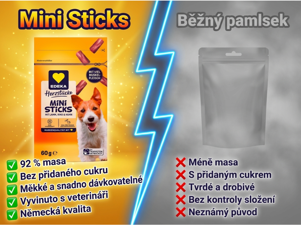 Edeka I love Ministicks pamlsky pro psy - srovnání s běžným pamlskem