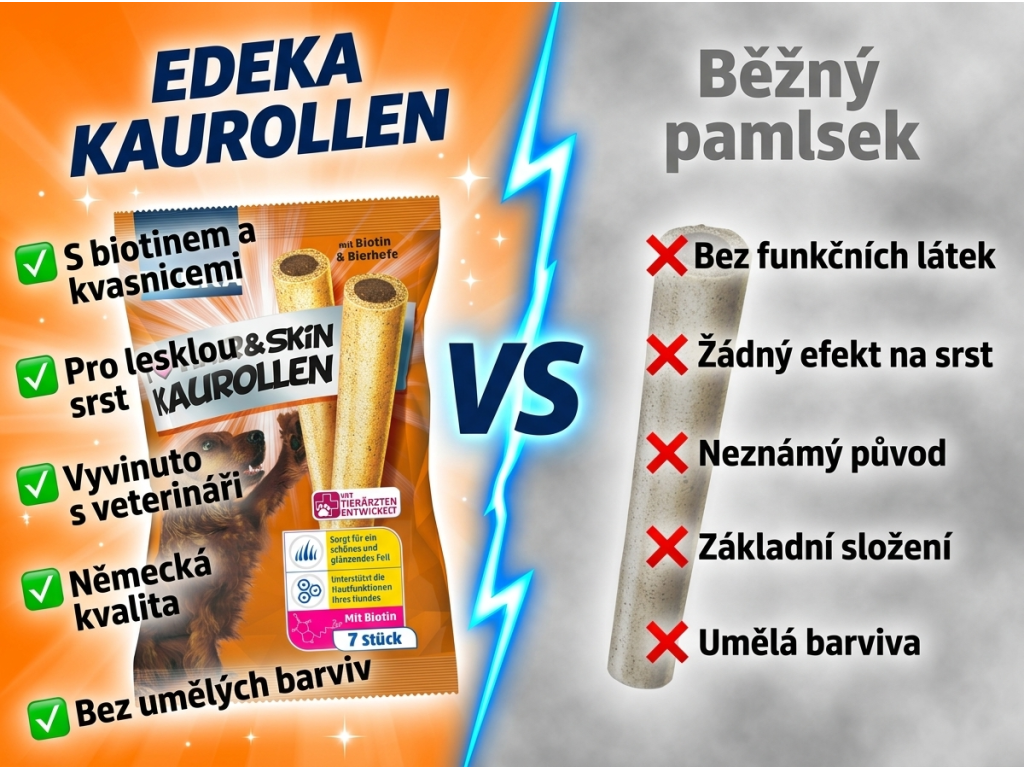 Srovnání Edeka I love žvýkací tyčinky pro perfektní srst a kůži s běžným pamlskem