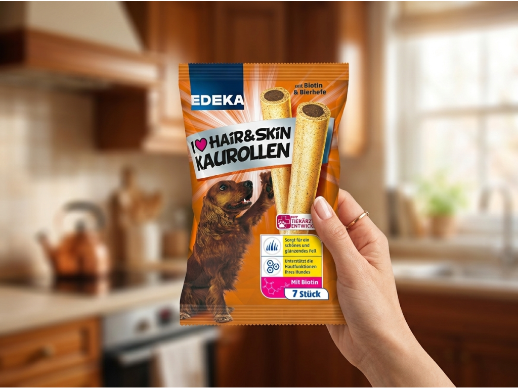 Ruka drží balení Edeka I love žvýkací tyčinky pro perfektní srst a kůži