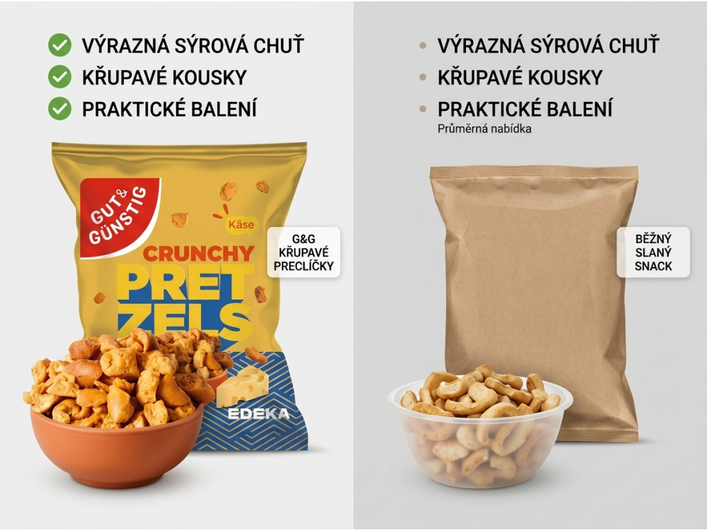 Srovnání G&G sýrových preclíčků s běžným slaným snackem