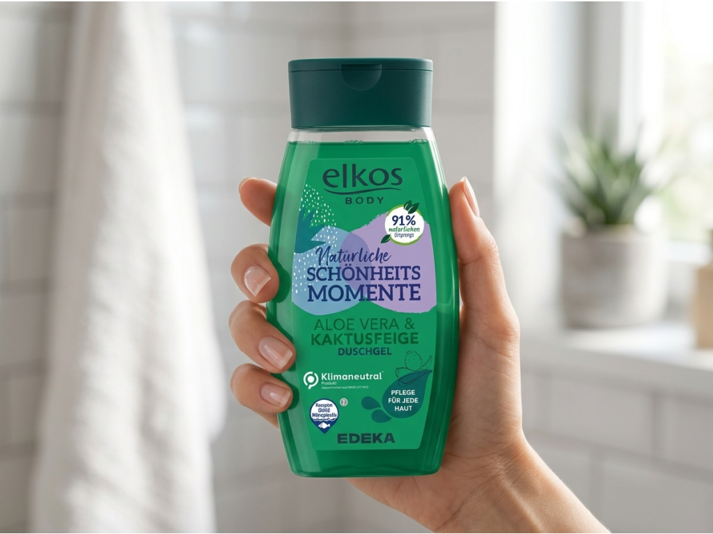 Elkos sprchový gel Aloe Vera a Kaktus držený v ruce
