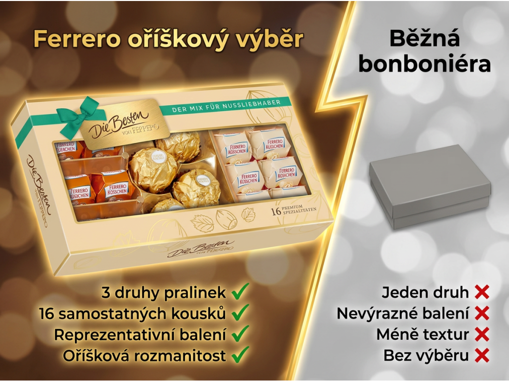 Srovnání Ferrero Die Besten s běžnou bonboniérou