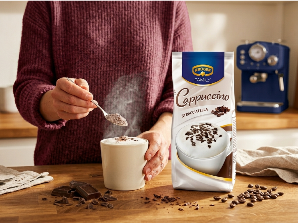 Příprava nápoje Krüger Cappuccino Stracciatella doma v kuchyni