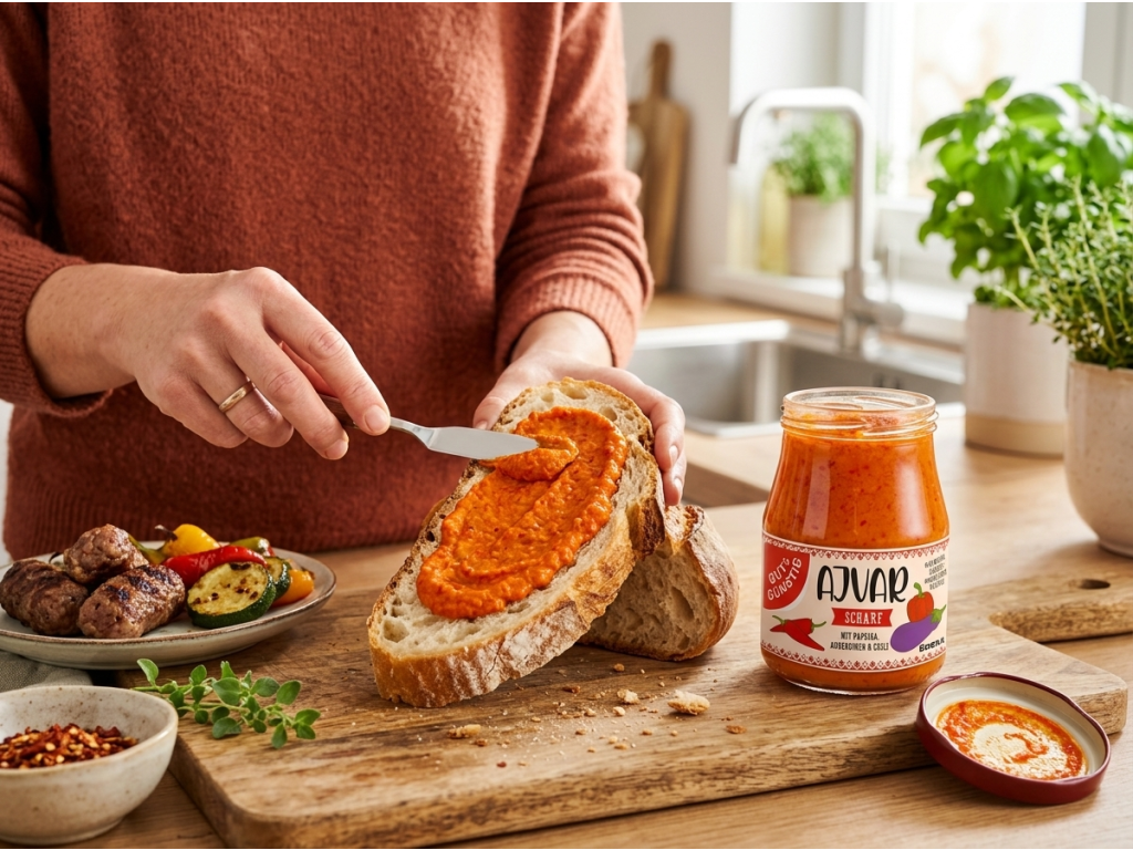 G&G Ajvar pálivý 340 ml - namazaný na pečivu