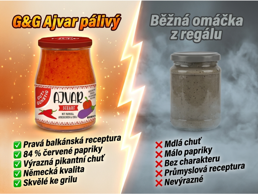 G&G Ajvar pálivý 340 ml - srovnání s běžnou omáčkou