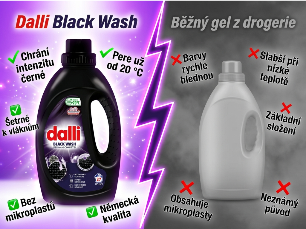 Srovnání Dalli Black Wash s běžným pracím gelem