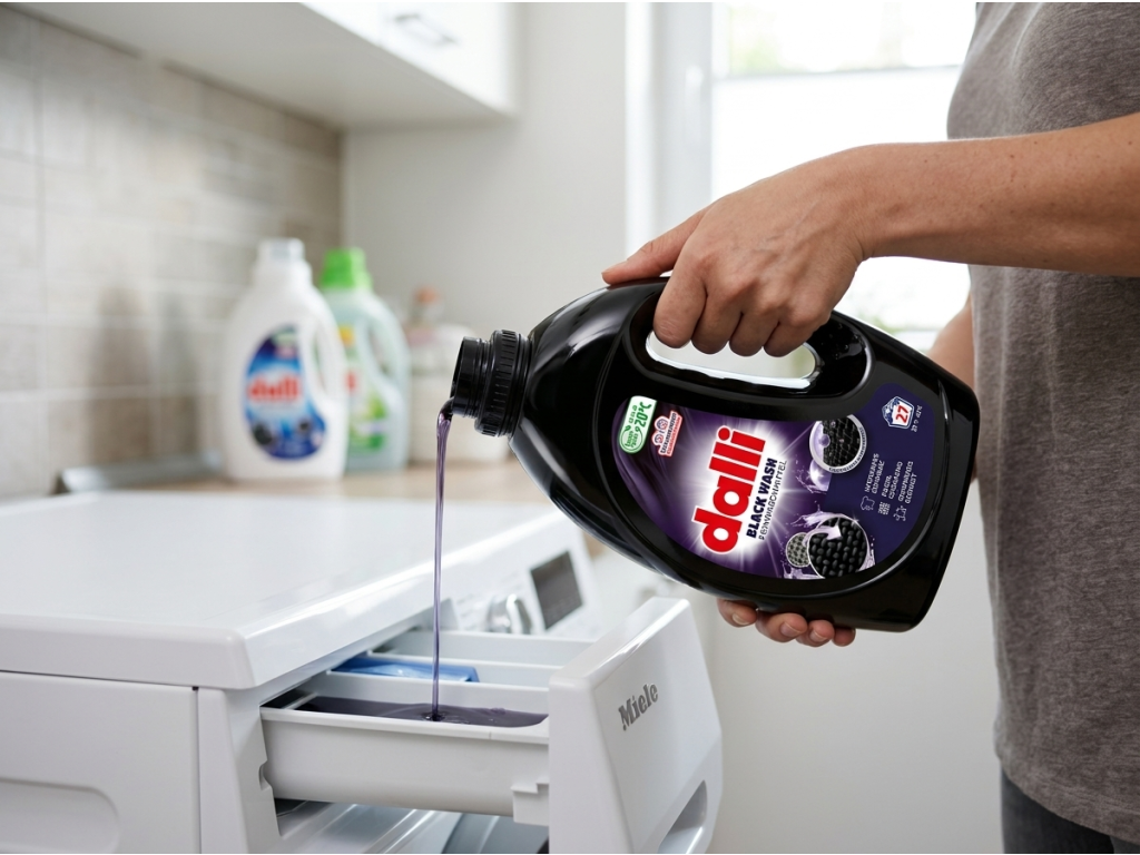 Dalli Black Wash prací gel na černé prádlo při dávkování do pračky