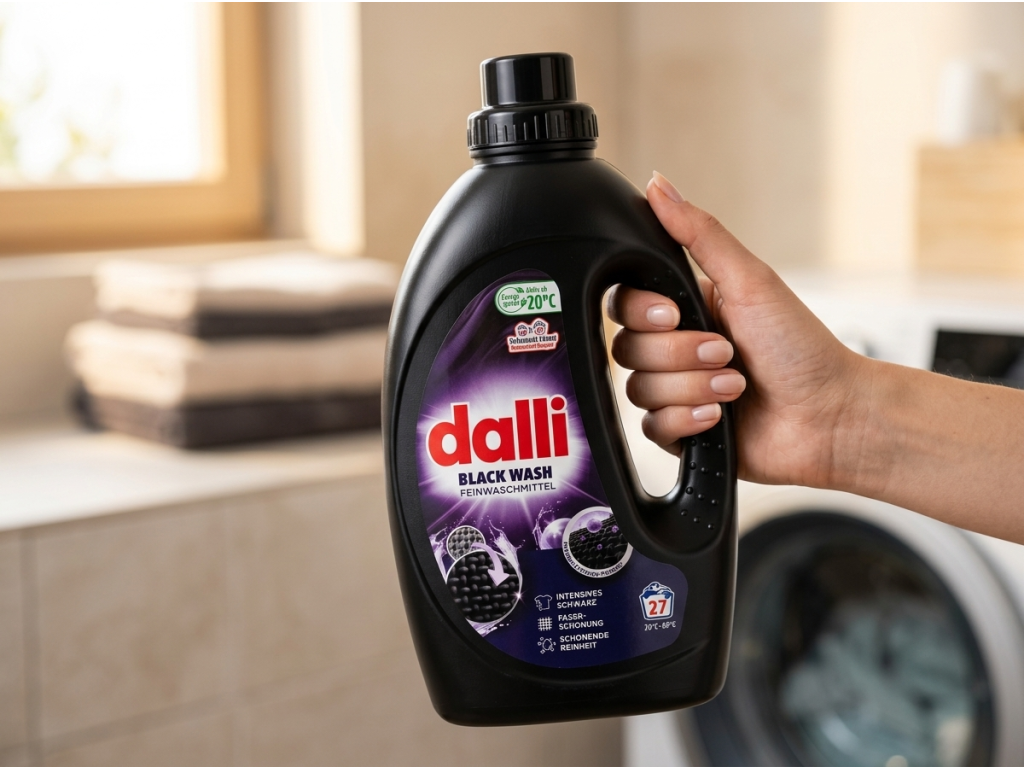 Dalli Black Wash prací gel na černé prádlo v ruce