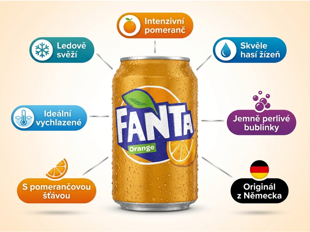Fanta pomeranč 0,33l - infografika s výhodami