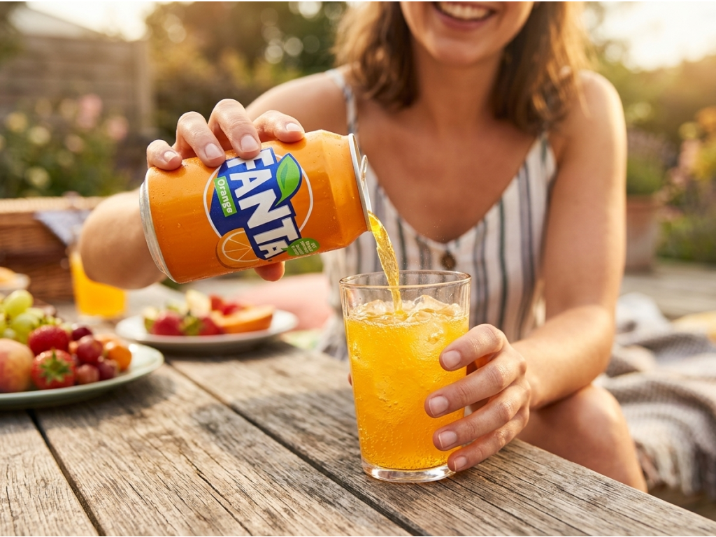 Fanta pomeranč 0,33l při nalévání do sklenice