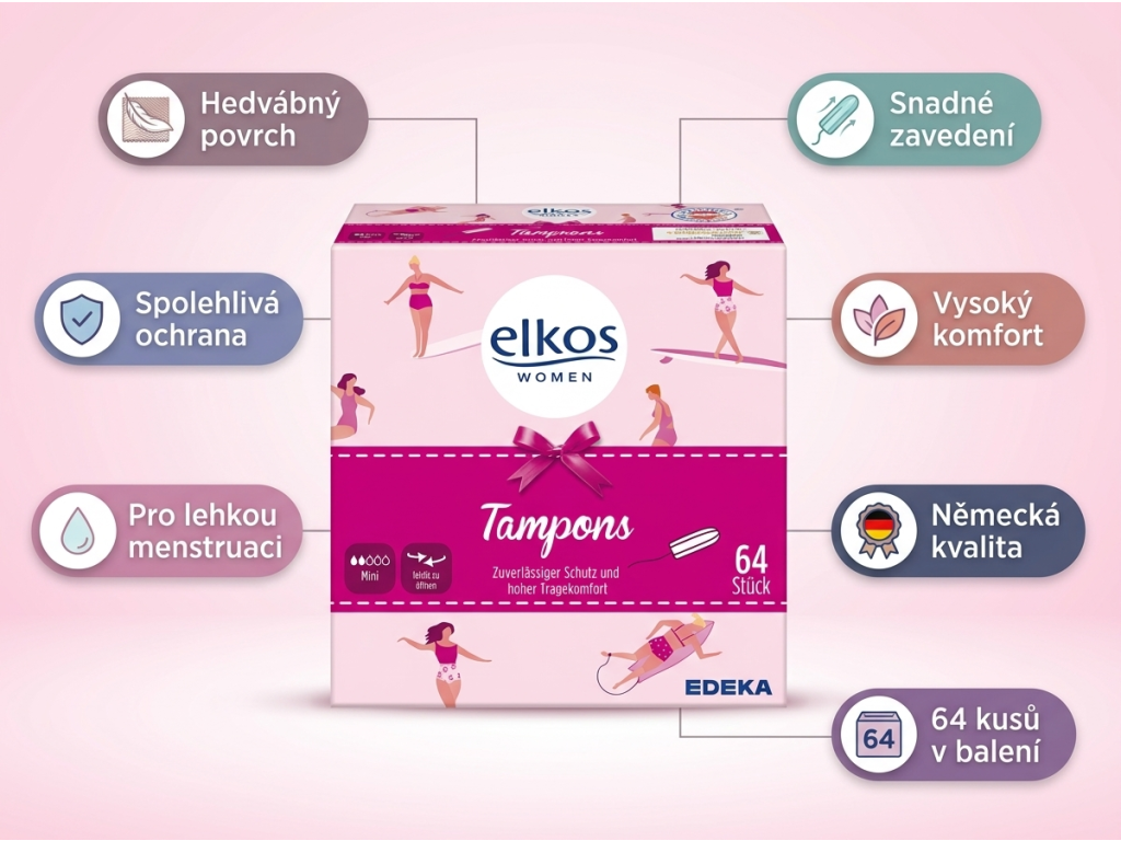 Elkos Tampony Mini s hedvábným povrchem 64ks - přehled výhod