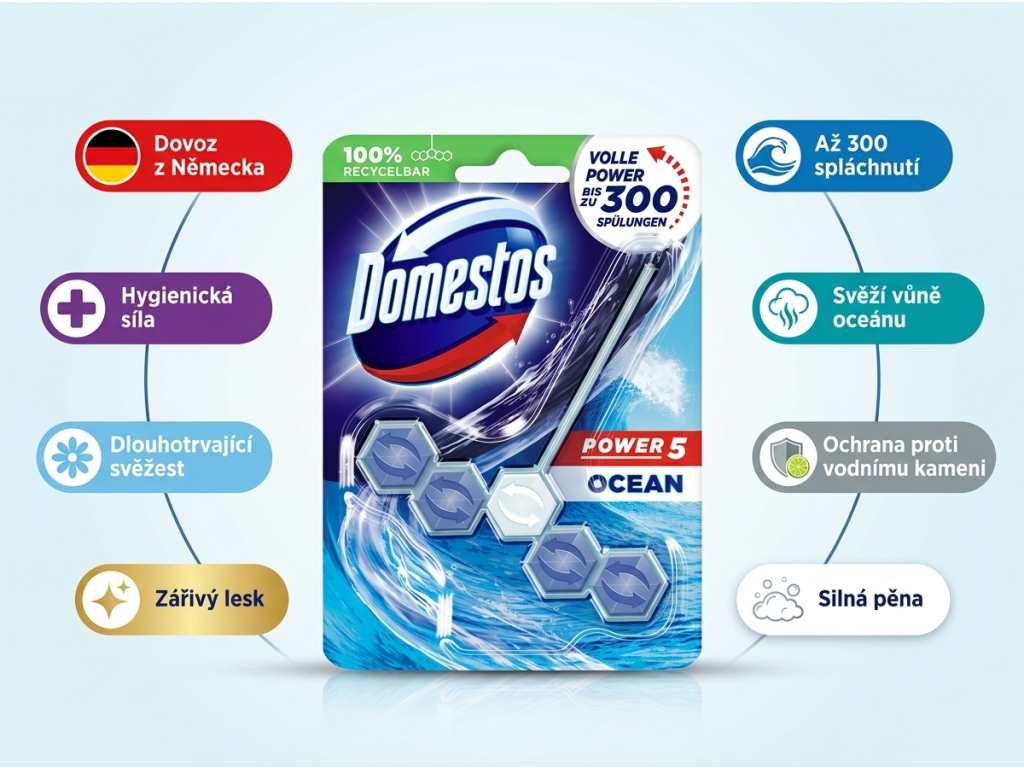 Domestos Power 5 Ocean WC blok - přehled výhod