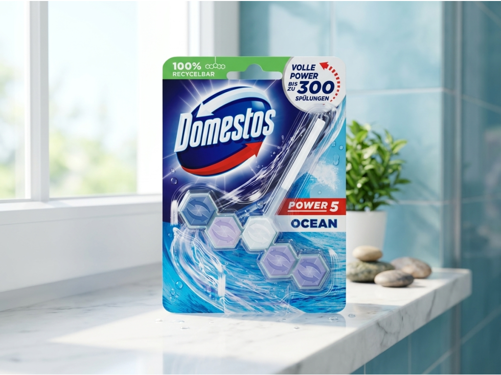 Domestos Power 5 Ocean WC blok ve svěží koupelně