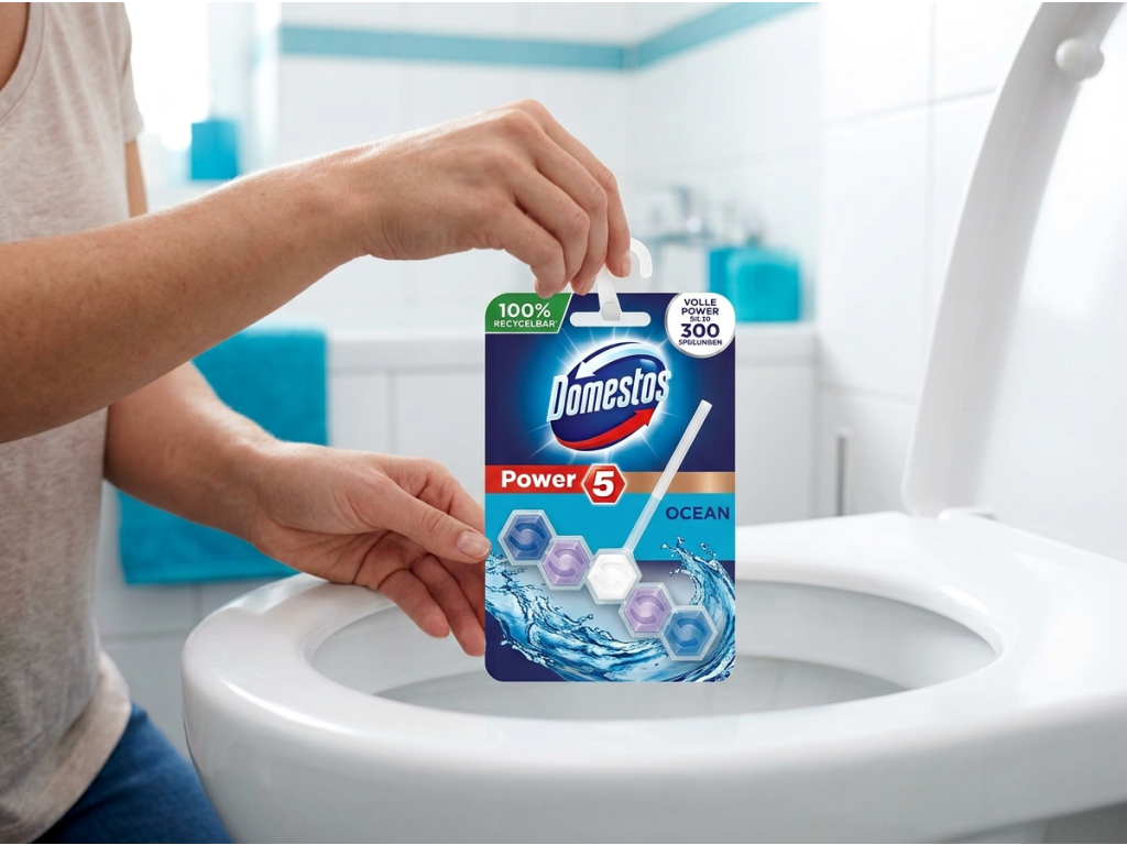 Zavěšení WC bloku Domestos Power 5 na okraj toalety