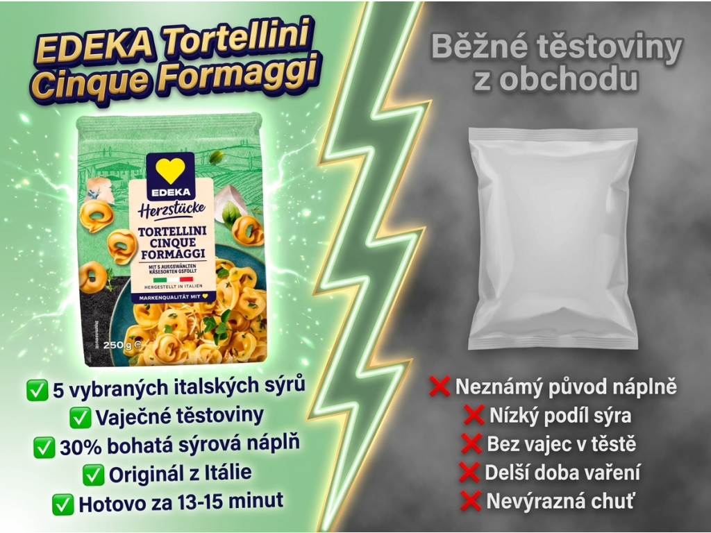 Srovnání Edeka Tortellini Cinque Formaggi s běžnými těstovinami