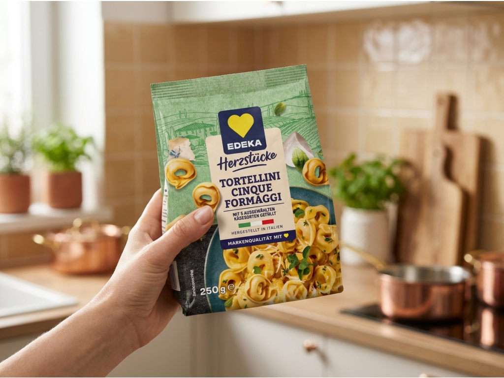 Edeka Tortellini Cinque Formaggi v ruce