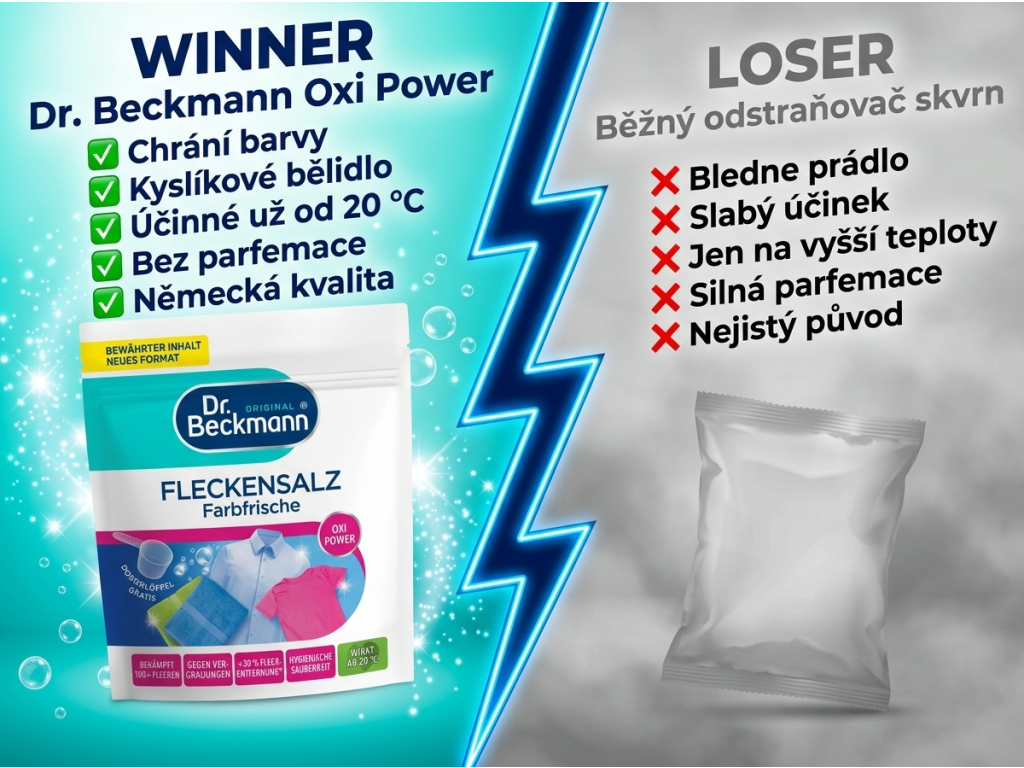 Dr. Beckmann sůl na skvrny Oxi Power srovnání s běžným produktem