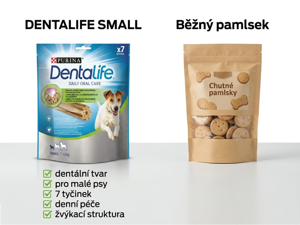 Srovnání Purina Dentalife Small s běžným pamlskem