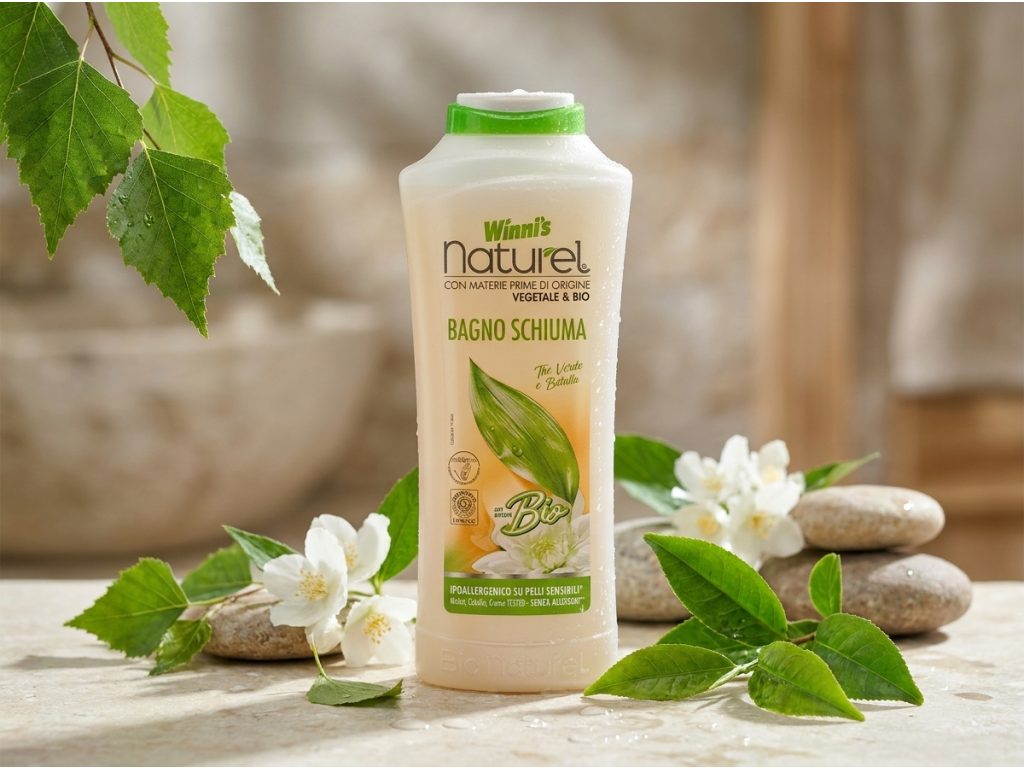Winni's Naturel sprchový gel - zelený čaj a bříza v přírodním prostředí