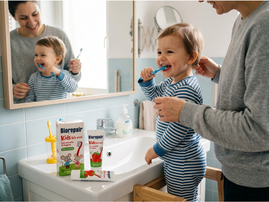 Biorepair Kids dětská zubní pasta jahoda 0-6 let - použití při čištění zoubků