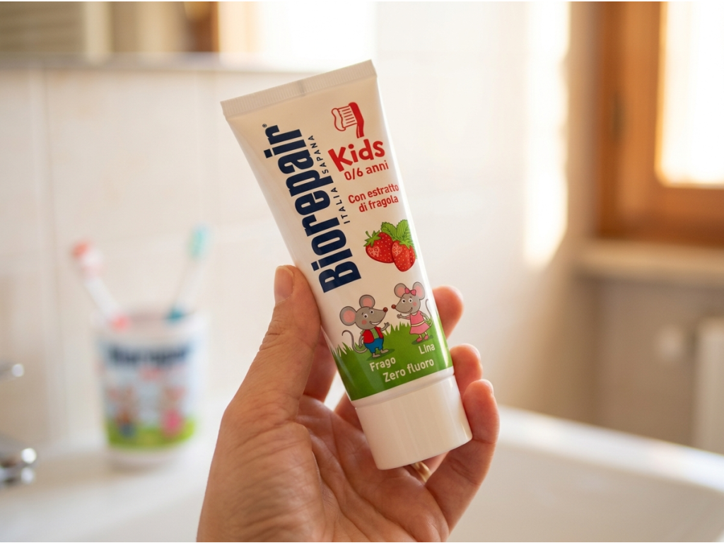 Biorepair Kids dětská zubní pasta jahoda 0-6 let - v ruce