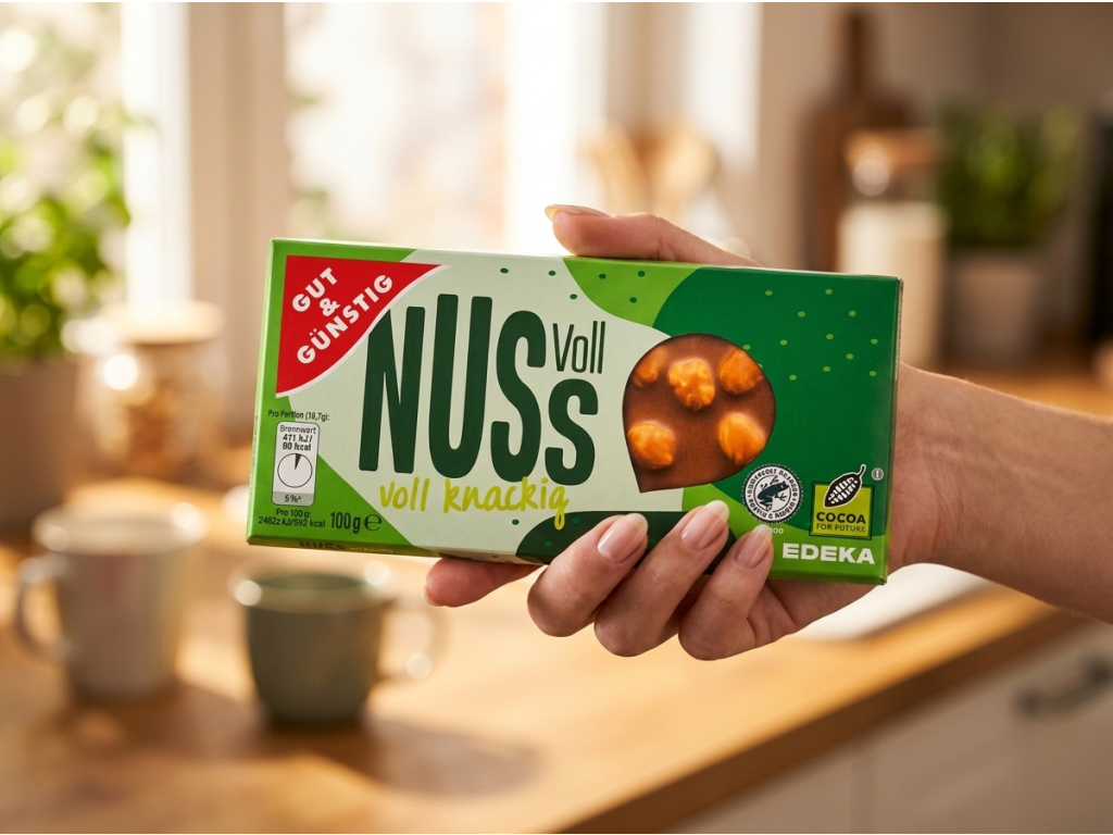 G&G NUSSVoll mléčná čokoláda držená v ruce