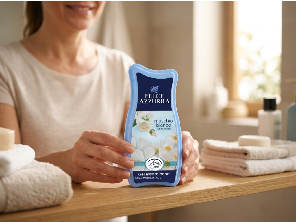 Felce Azzurra Casa Gel talek a bílé pižmo při použití v domácnosti