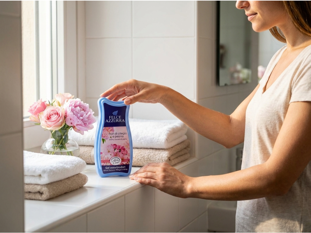 Žena umisťuje Felce Azzurra Casa Gel do koupelny