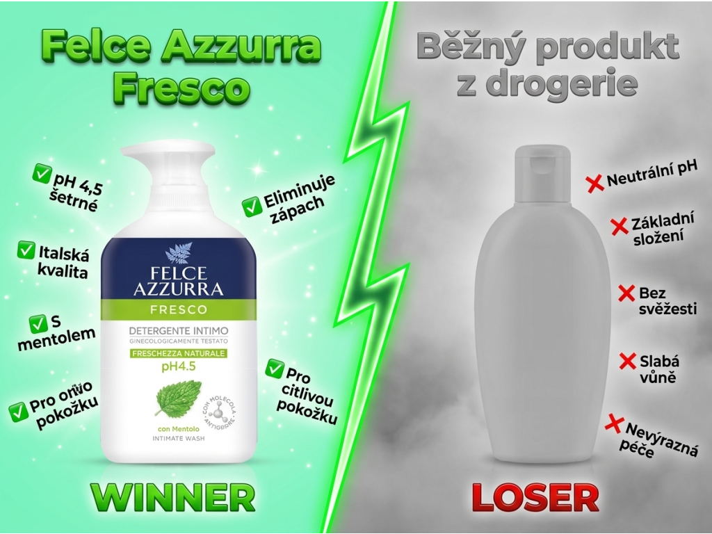 Felce Azzurra Fresco intimní gel - srovnání s běžným produktem