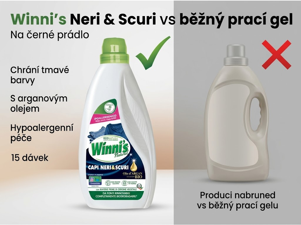 Winni's prací gel na černé prádlo Neri & Scuri 15 dávek 750 ml - srovnání s běžným pracím gelem