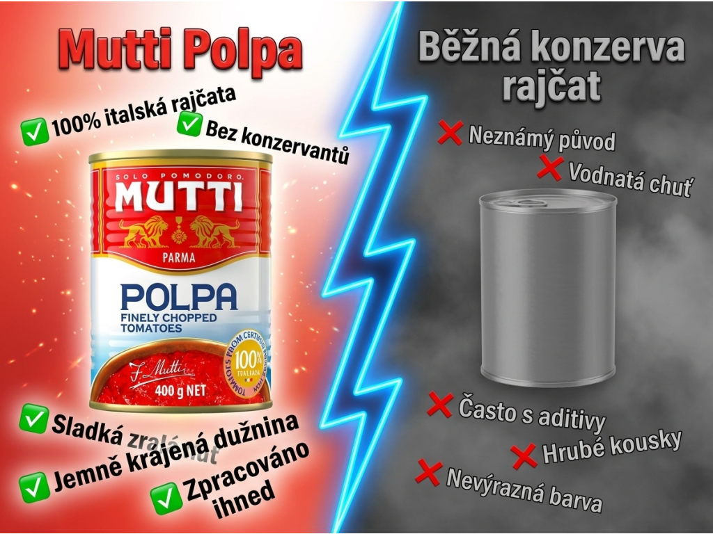 Srovnání Mutti Polpa s běžnou konzervou rajčat