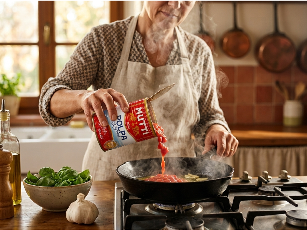 Vaření omáčky z krájených rajčat Mutti Polpa