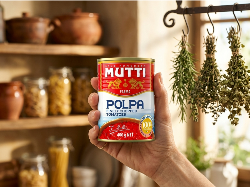 Plechovka Mutti Polpa krájená rajčata v ruce
