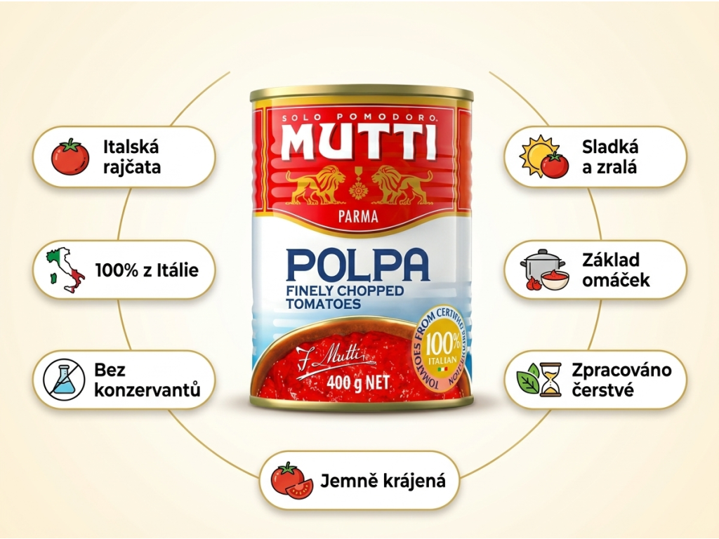 Mutti Polpa krájená rajčata - infografika výhod