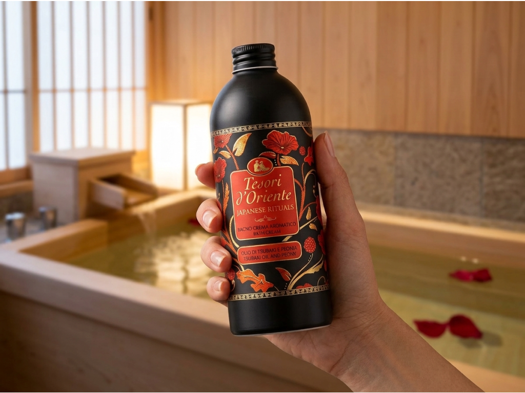 Láhev pěny do koupele Tesori d'Oriente Japanese Rituals v ruce