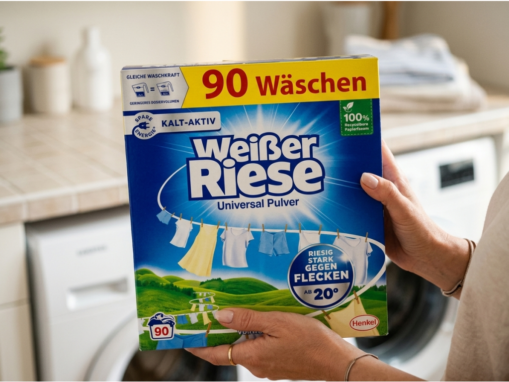 Weisser Riese prací prášek držený v ruce