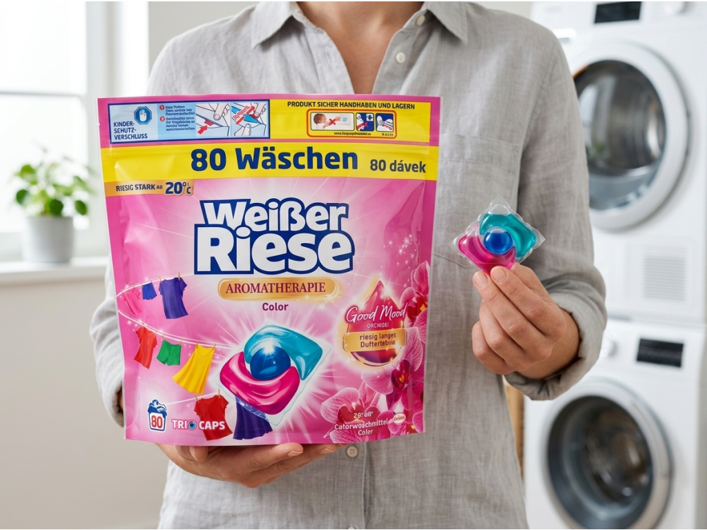 Weisser Riese Color Trio-Caps balení a kapsle v ruce