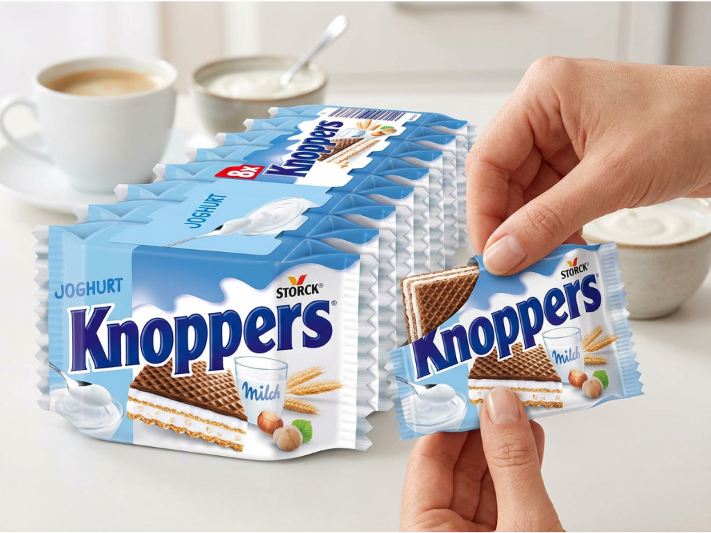 Rozbalování Knoppers Oplatky Jogurt při svačině