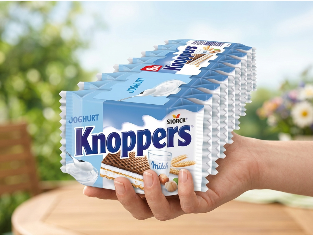 Balení Knoppers Oplatka Jogurt držené v ruce