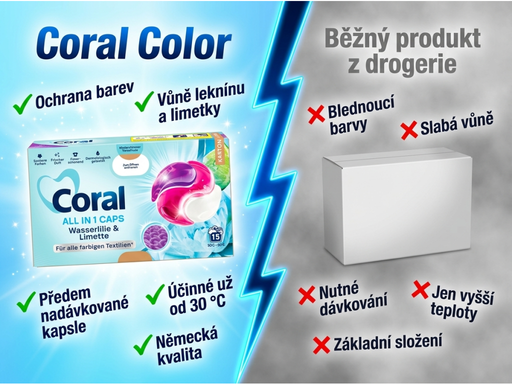 Coral Color kapsle na praní - srovnání s běžným produktem