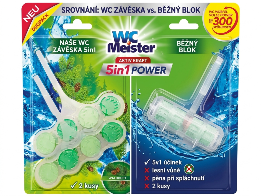 Srovnání WC Meister závěsky s běžným WC blokem