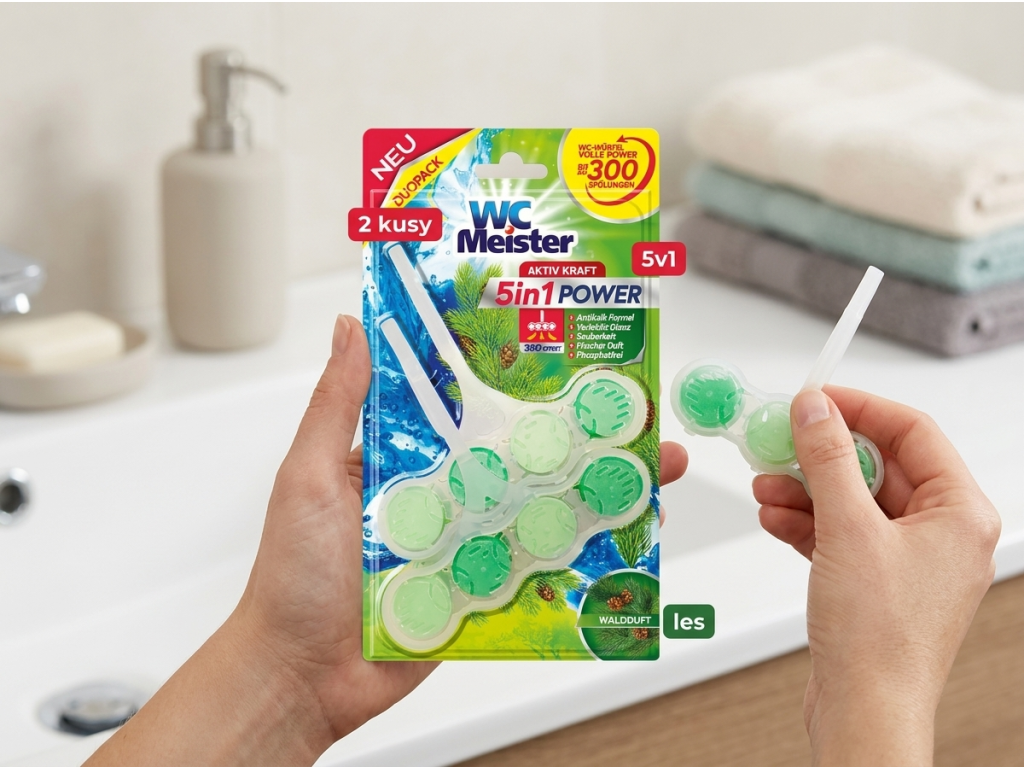 WC Meister Duo Aktiv Kraft balení a závěska v ruce