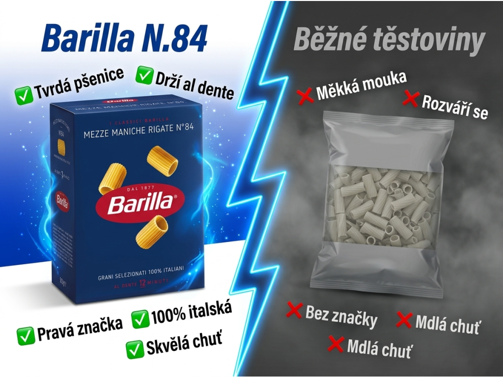 Srovnání Barilla Mezze Maniche Rigate N.84 s běžnými těstovinami