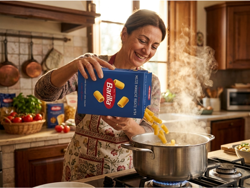 Vaření Barilla Mezze Maniche Rigate N.84 v kuchyni