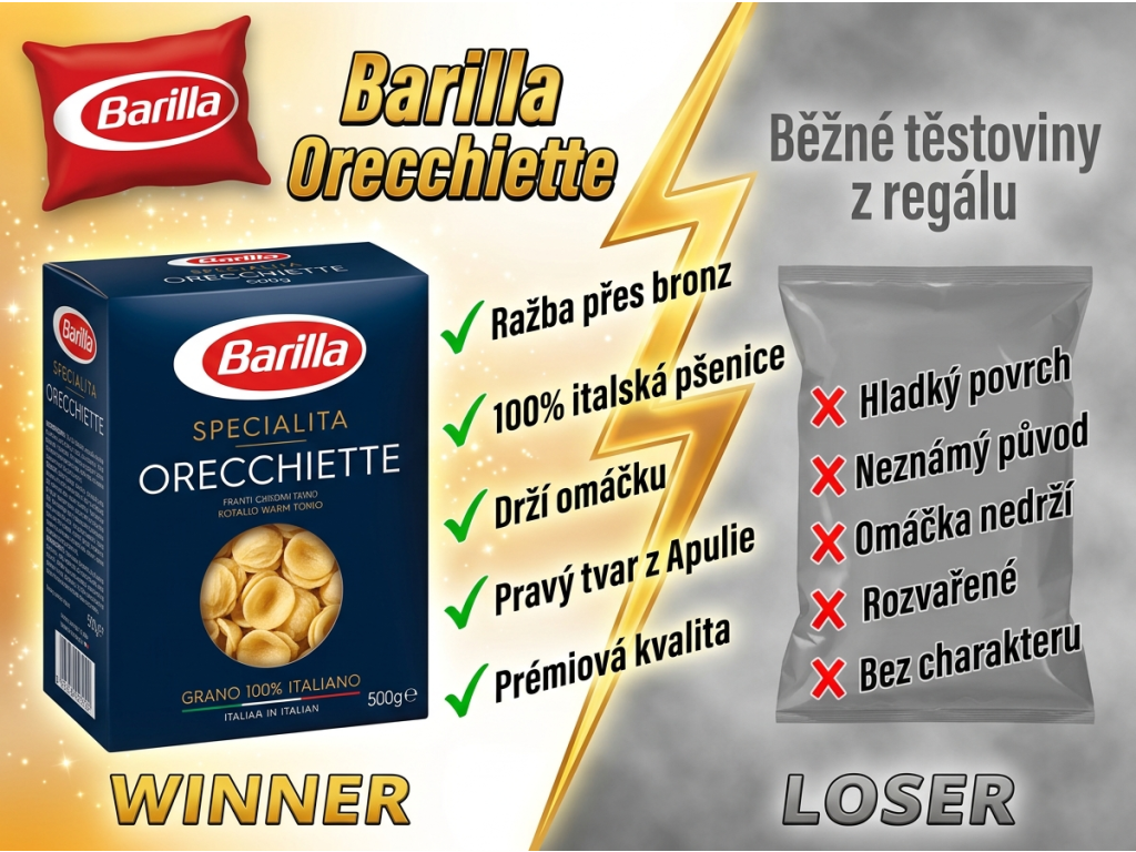 Barilla Orecchiette těstoviny ouška 500 g - srovnání s běžnými těstovinami