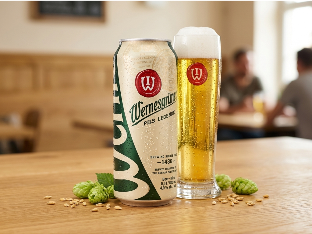 Wernesgrüner Pils Legende se sklenicí