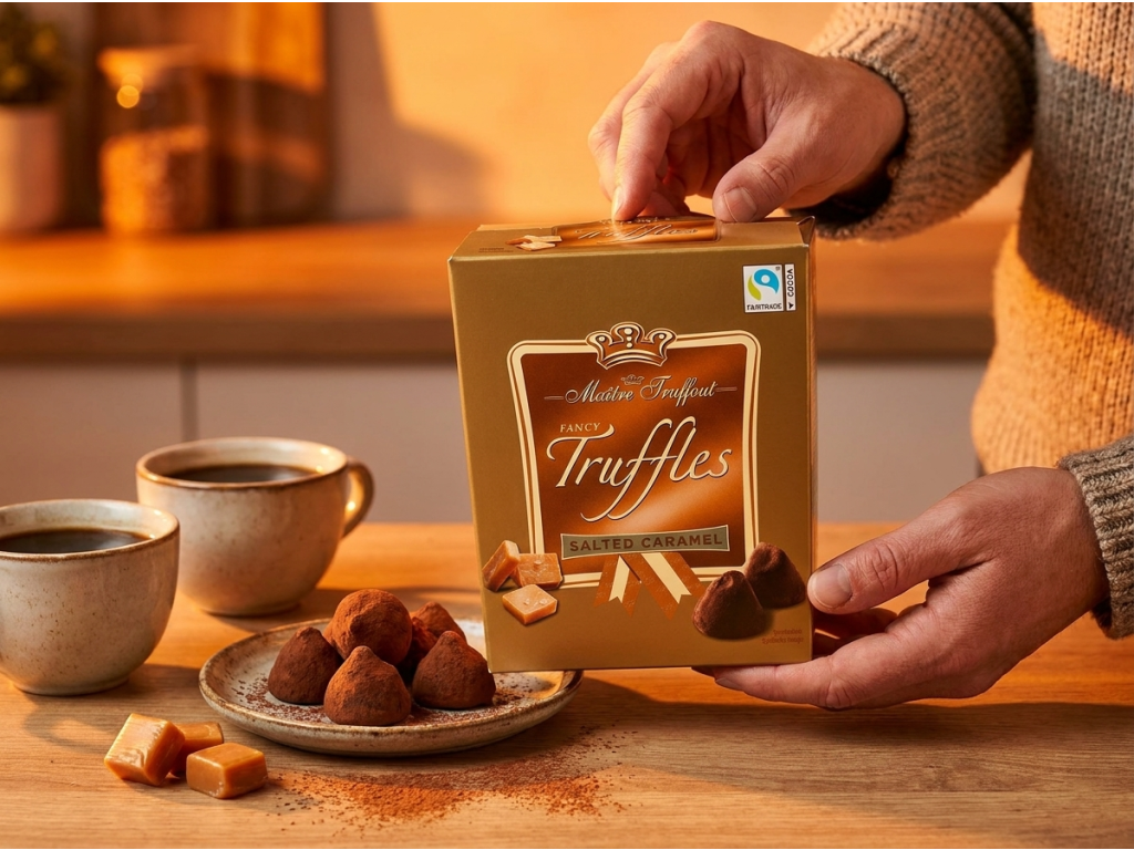 Maitre Truffout zlaté lanýže se slaným karamelem při servírování