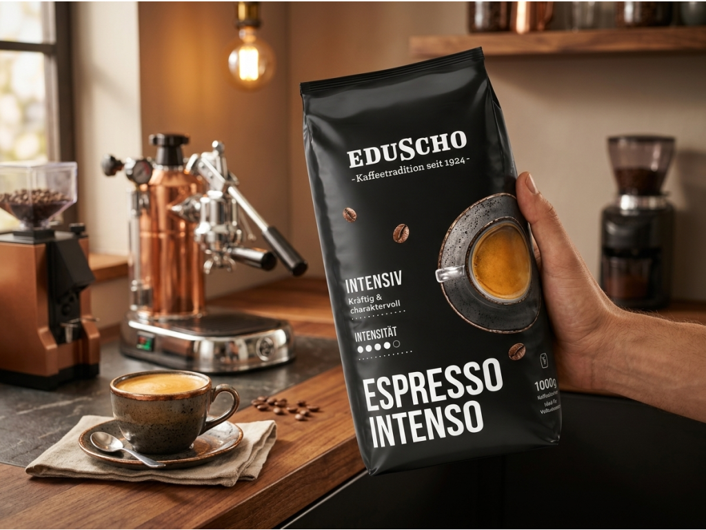 Balení Eduscho Espresso Intenso zrnková káva 1 kg v ruce