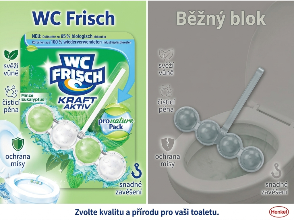 Srovnání WC Frisch máta a eukalyptus s běžným WC blokem